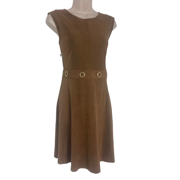 Size 12 BROWN SUEDE DRESS‎ W/GOLD HARDWARE Day/Evening All-Season Classy Party - Picture 2 of 5